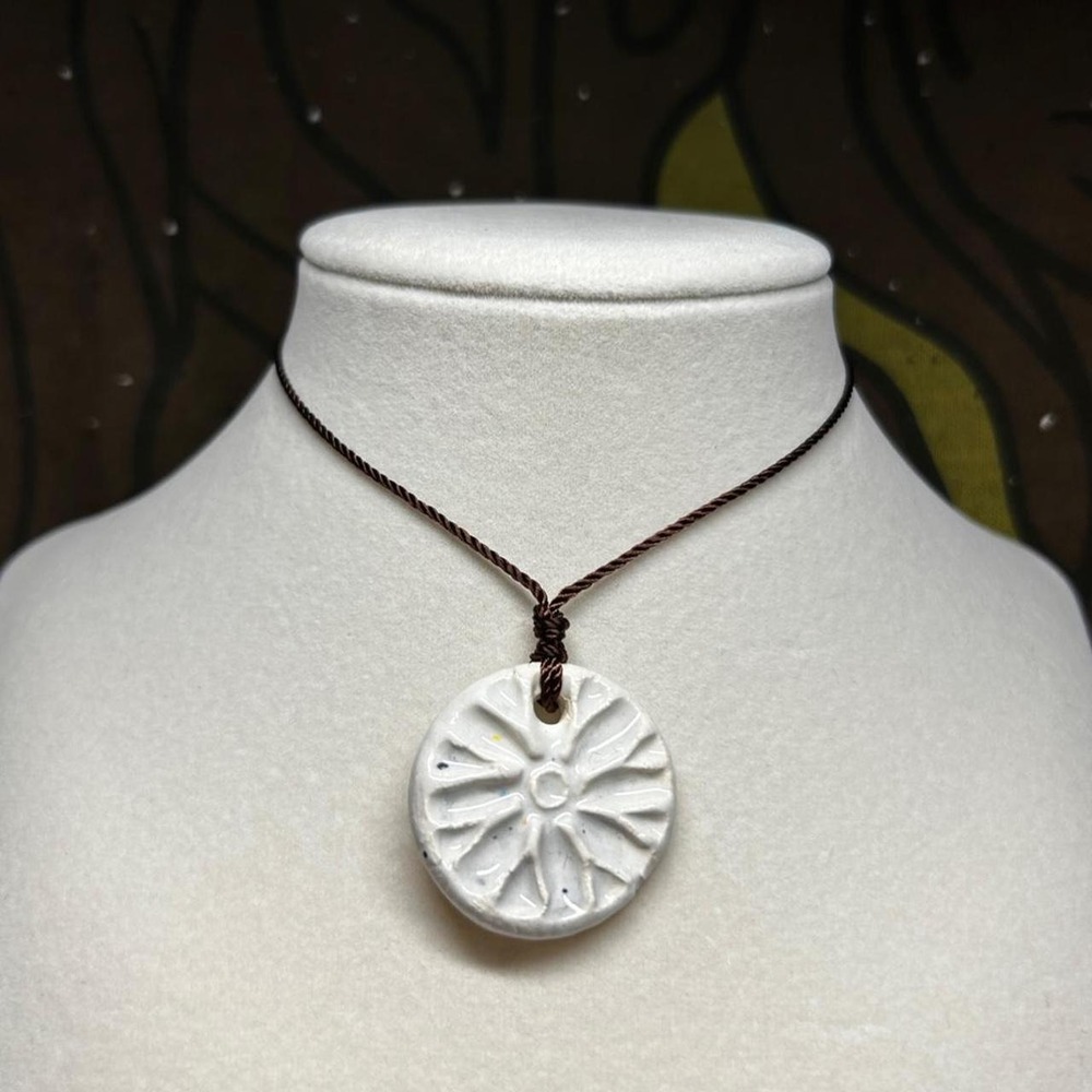 White ceramic sunburst necklace cord brown white boho dainty minimalist earthy